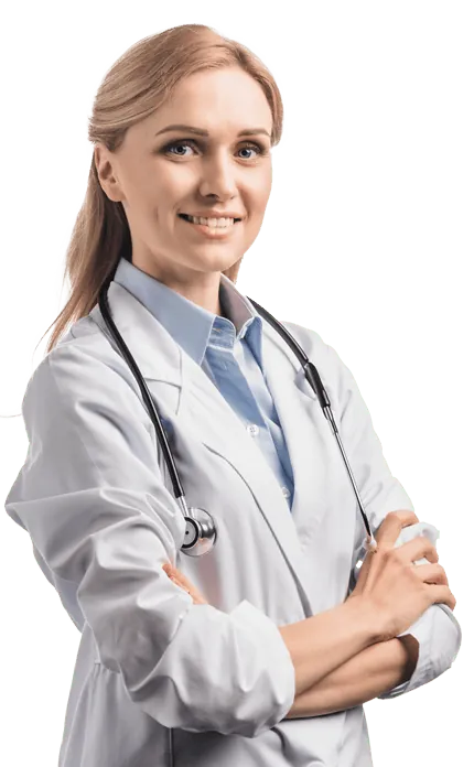 Smiling clinician in a white coat